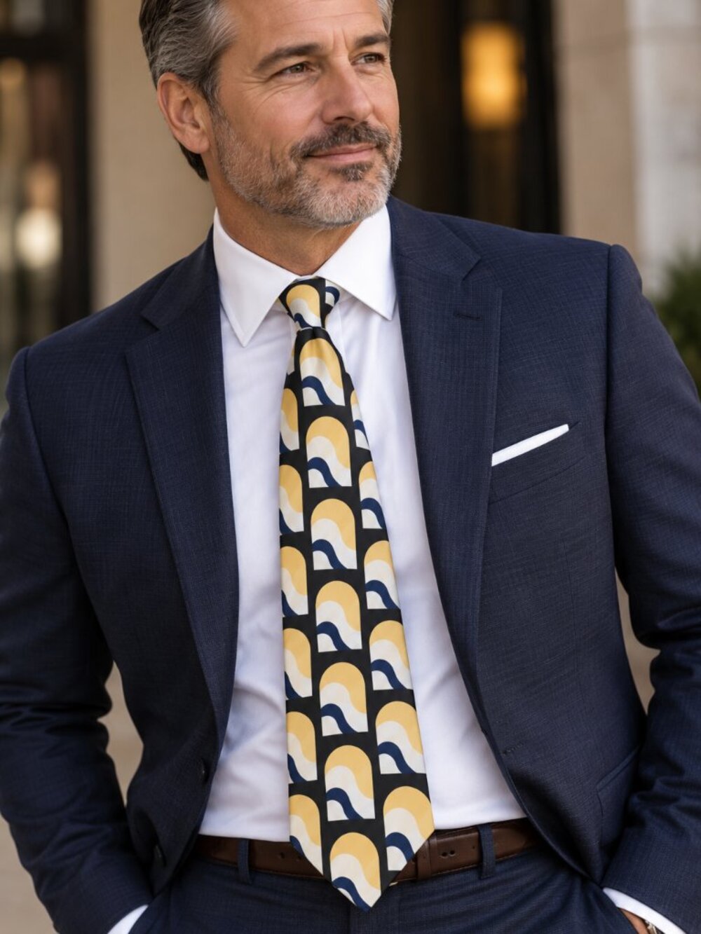 Louis Feraud Men's 100% Silk Tie Black Gold Navy Geometric Designer Necktie